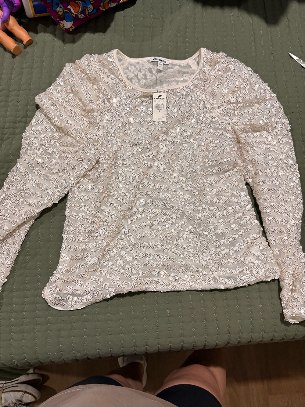 Express White Sequin Long-Sleeve Blouse